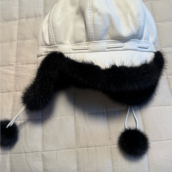 Black Mink Fur Hat&  White lambskin genuine leather main image 5